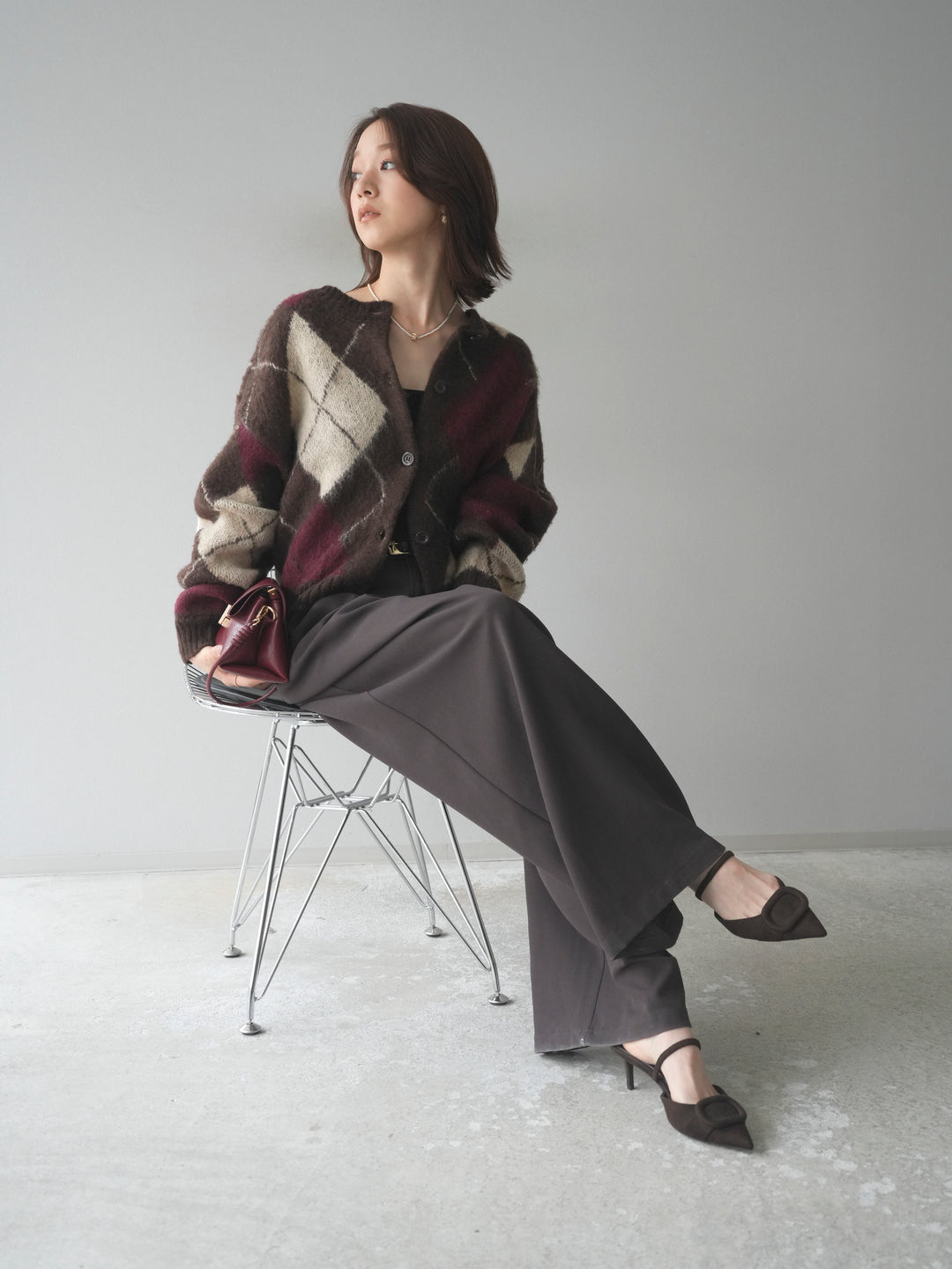 [予約]モヘアタッチアーガイルニットカーディガン/brown