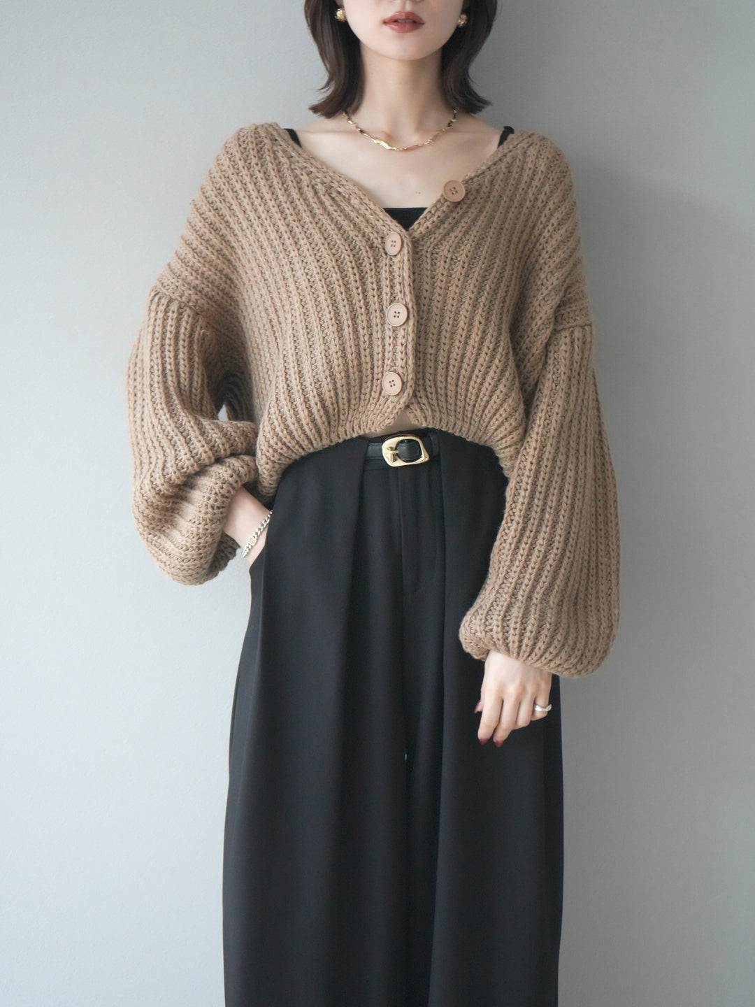 [予約]畦編みショートニットカーディガン/beige