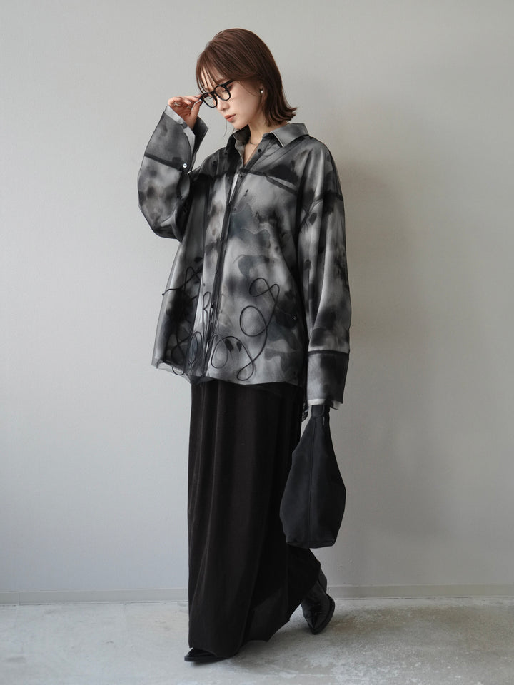 [SET]コード刺繍チュールシャツ＆ニュアンス柄シャツアンサンブル+ベロアナロースカート(2set)