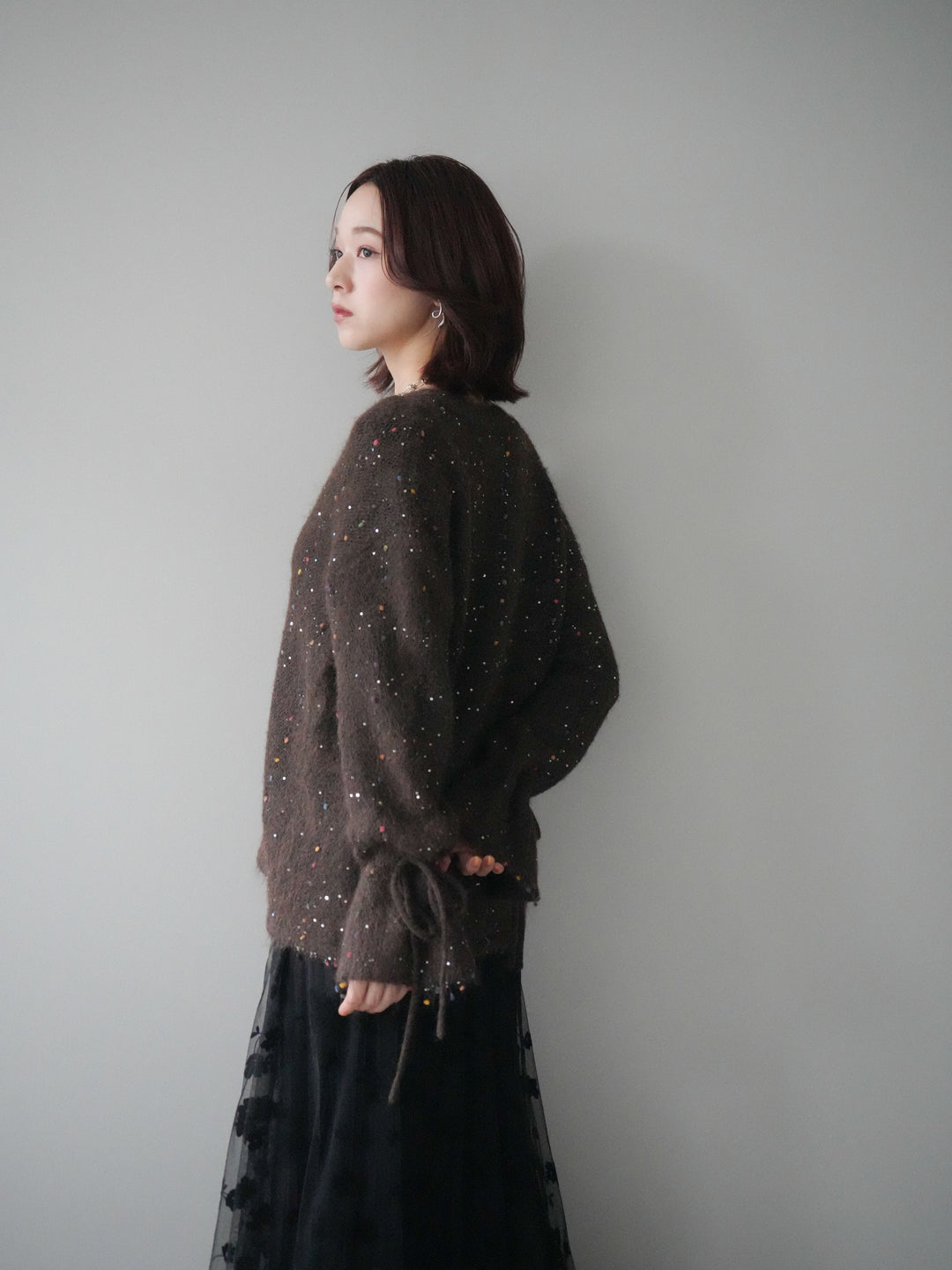 [SET]キャンディースリーブカラーネップスパンコールニットプルオーバー+フラワーフロッキーチュールプリーツスカート(2set)