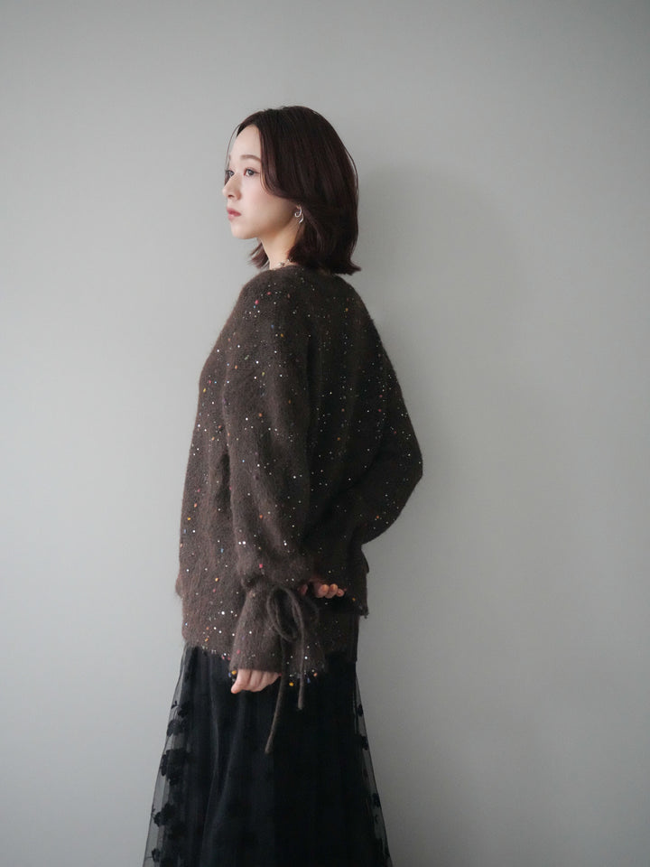 [SET]キャンディースリーブカラーネップスパンコールニットプルオーバー+フラワーフロッキーチュールプリーツスカート(2set)