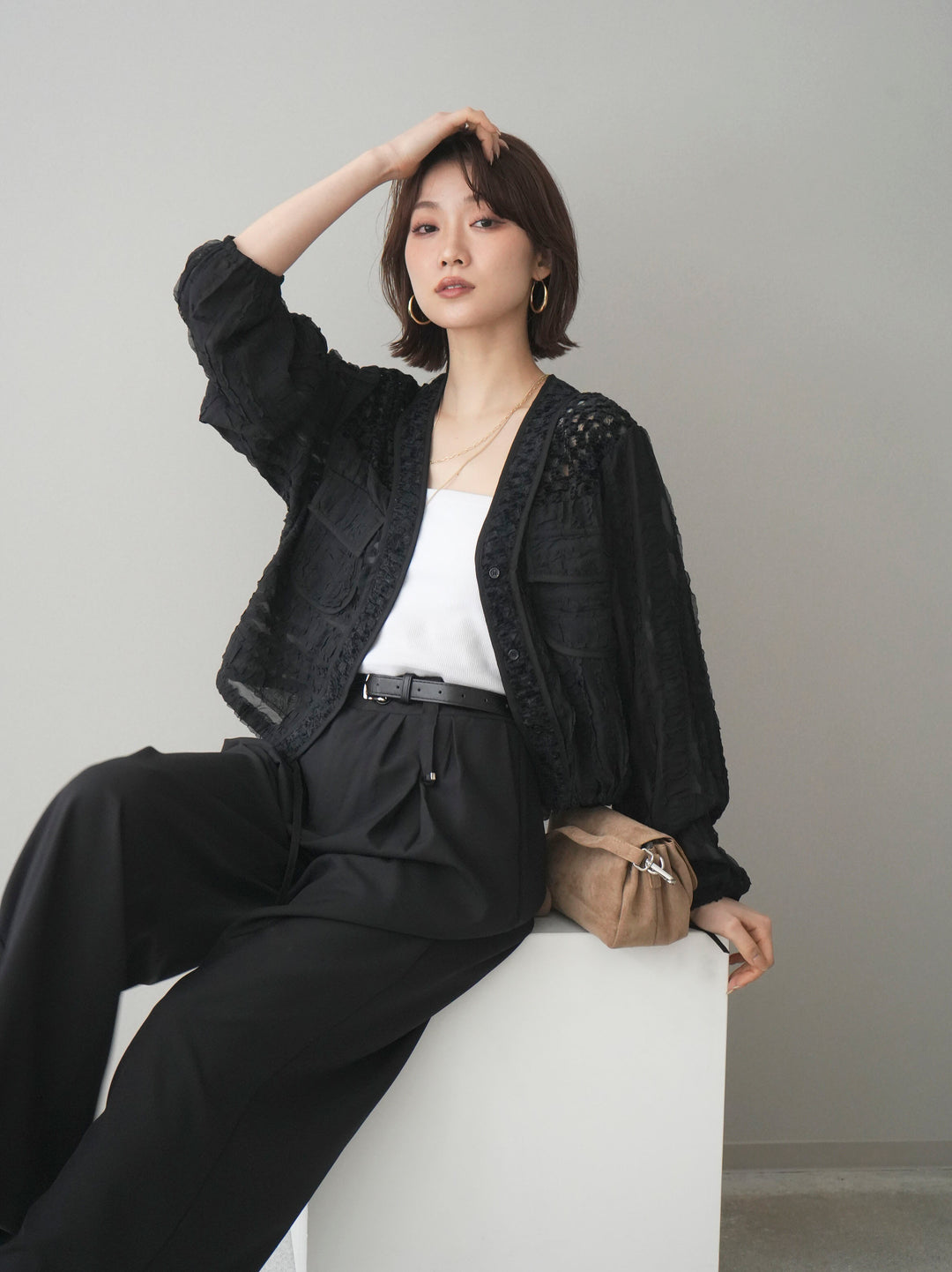 [SET]パッチワークシアーフリルブルゾン+カップ付テレコリブベアキャミソール+ベルト付キーホルダーモチーフワイドパンツ(3set)