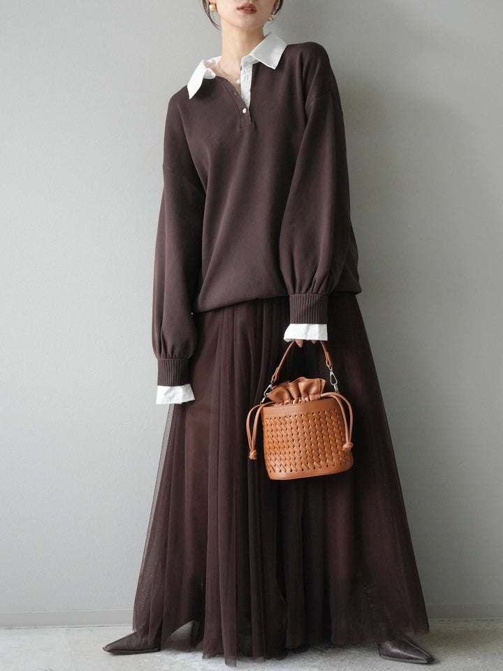 [預訂] 領口Polo針織套衫/棕色