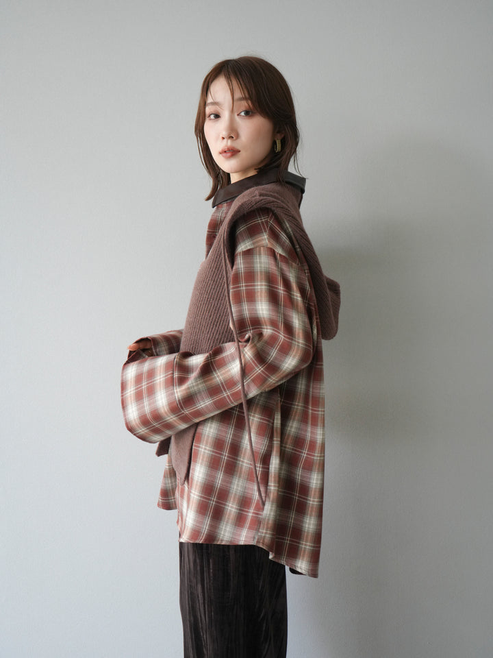 [SET]レザー襟オンブレチェックオーバーシャツ +クラッシュベロアナロースカート(2set)