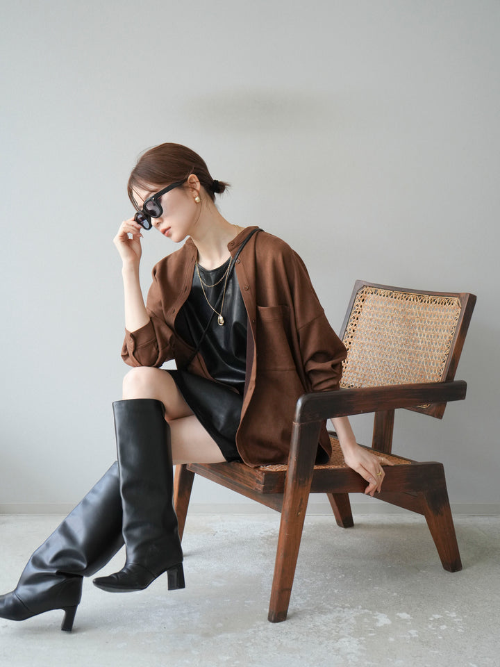 [SET] 麂皮立領外套襯衫 + 附單肩包皮革迷你連身裙（2 套）