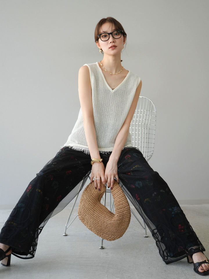 [予約]裾フリンジVネックニットタンクトップアンサンブル/オフ