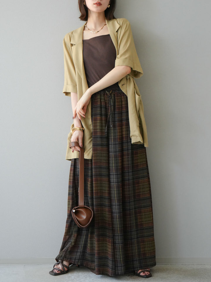 [預購] 透視格紋寬鬆褲/棕色