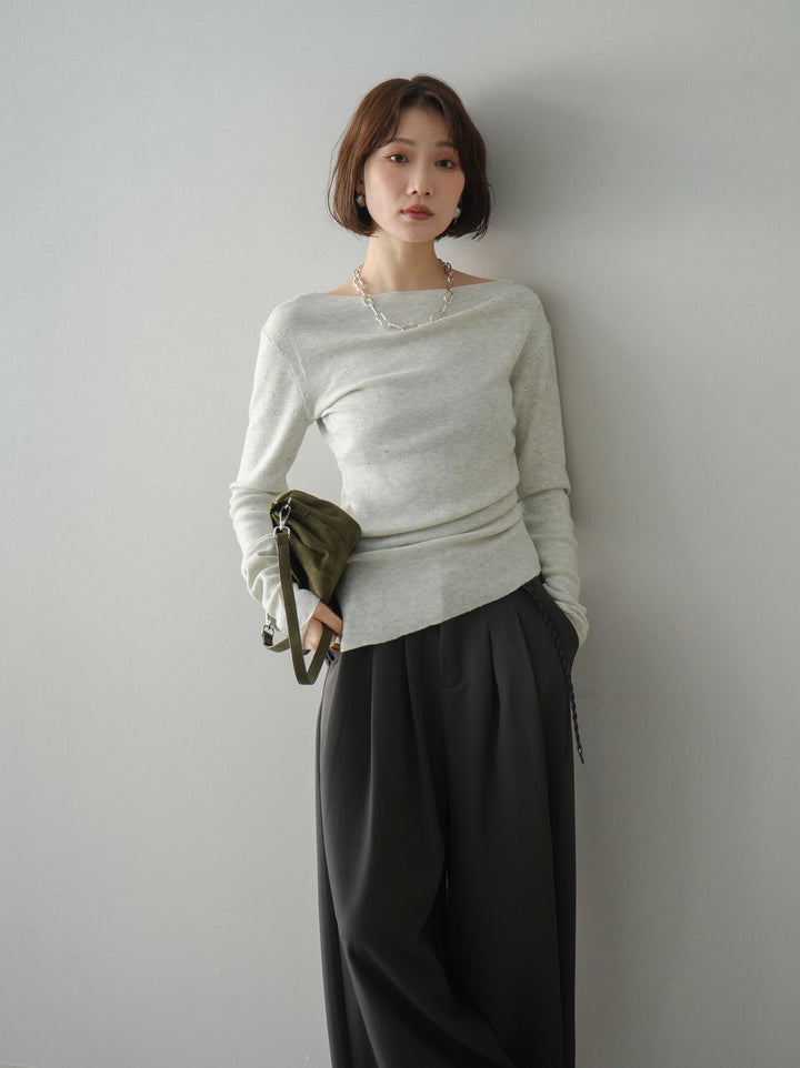 [予約]ラインストーンアシンメトリーニットトップス/gray