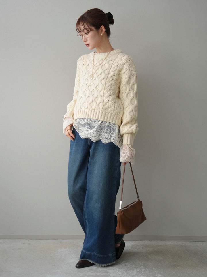 【着回しセット】[SET]バルキーケーブルクロップドニットプルオーバー+アンゴラタッチクルーネックニットプルオーバー+チュールレーストップス(3set)