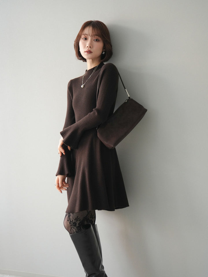 [予約]フレアリブニットミニワンピース/brown