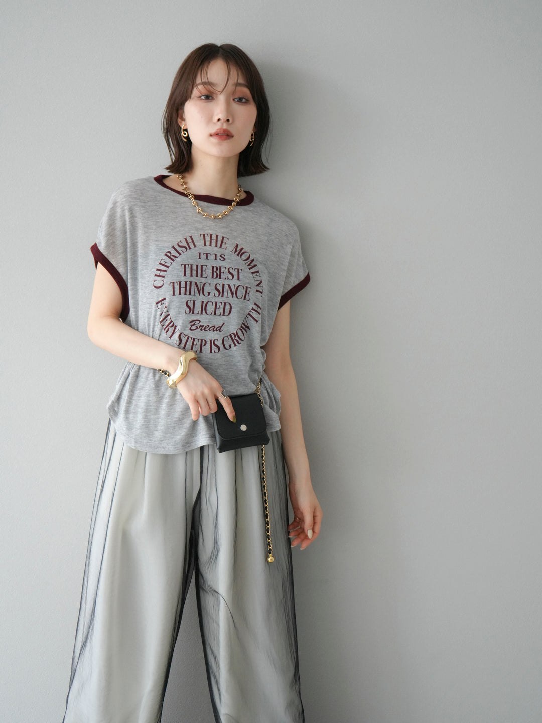 [SET]シアーフライス ロゴプリントT +コード刺繍チュールレイヤードパンツ(2set)