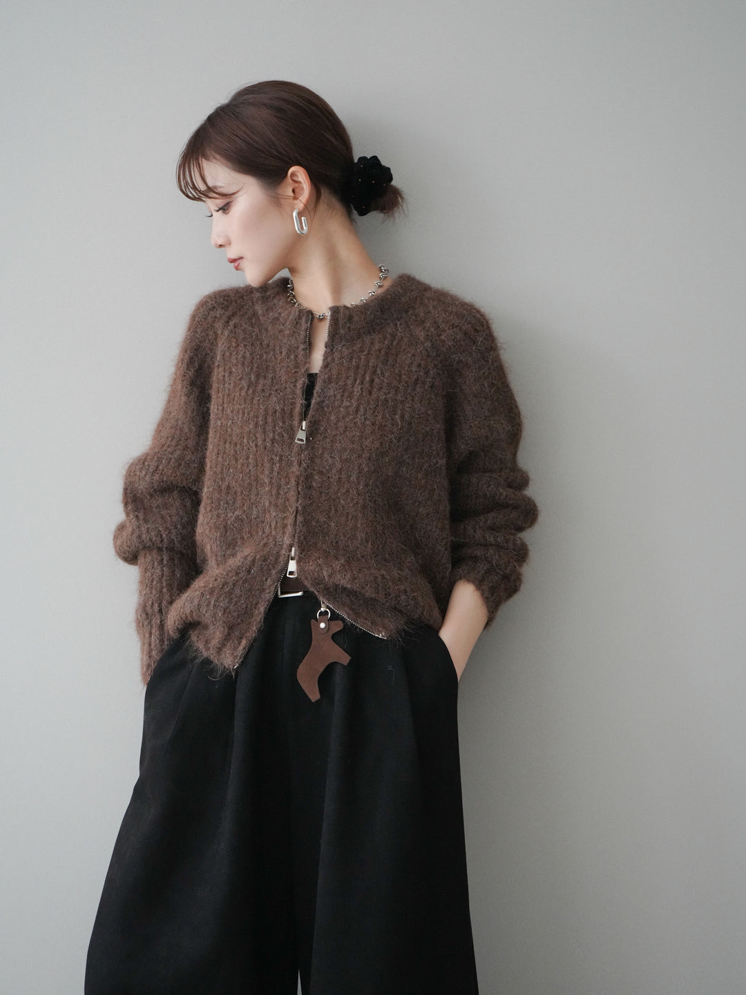 [予約]MIXヤーンモヘアタッチZIPニットカーディガン/brown