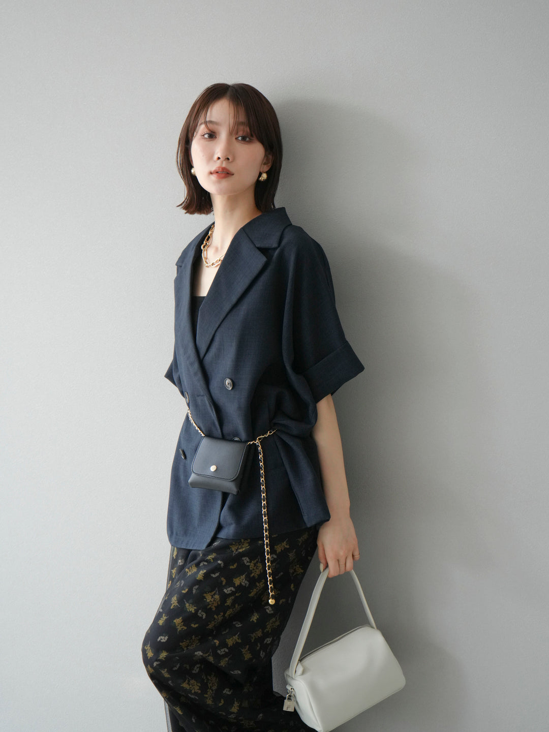 [SET]リネンライクハーフテーラードジャケット+コード刺繍チュールレイヤードパンツ(2set)