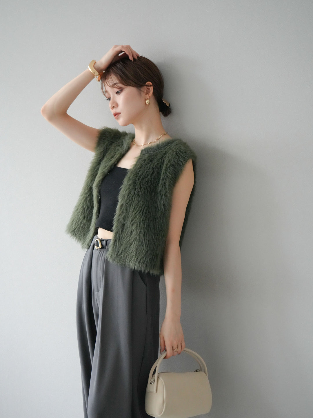 [予約]ミンクライク前後2WAYショートジレ/カーキ