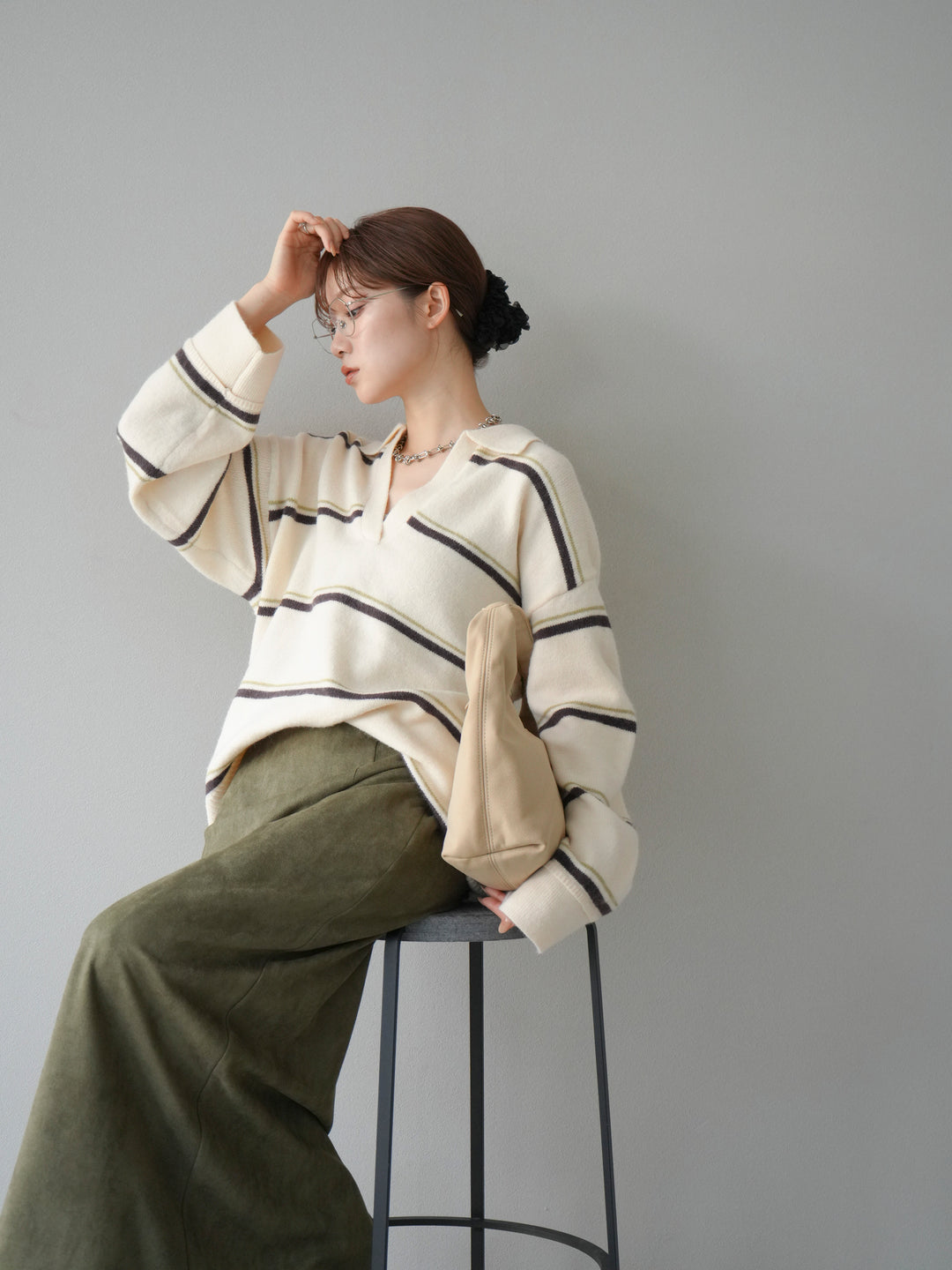 [予約]ポロ襟スキッパーボーダーニットプルオーバー/アイボリー