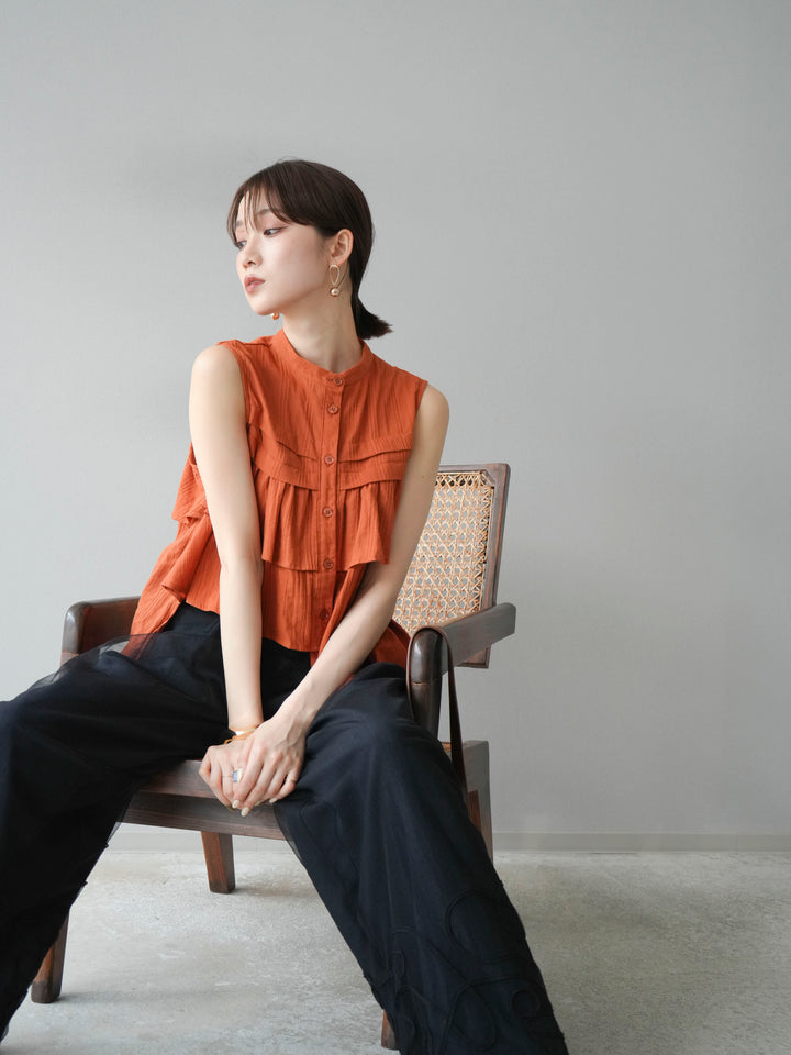 [SET]ドビーストライプアシンメトリーフリルノースリブラウス+リネンライクイージーワイドパンツ(2set)