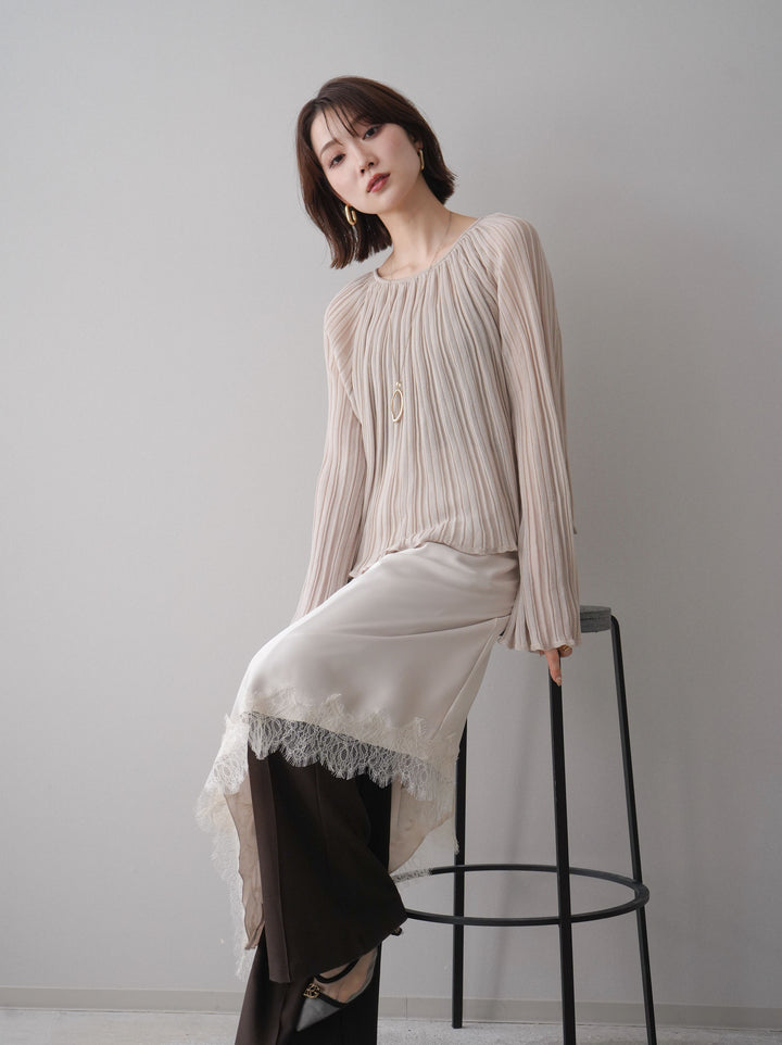 [SET]プリーツシアーフレアスリーブニットトップス+センターシームフレアパンツ+サテンライクアシメレーススカート(3set)