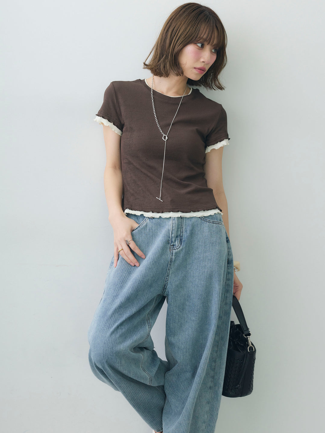 [SET]メロートリムレイヤードTEE+ニュアンスウォッシュカーブデニム(2set)