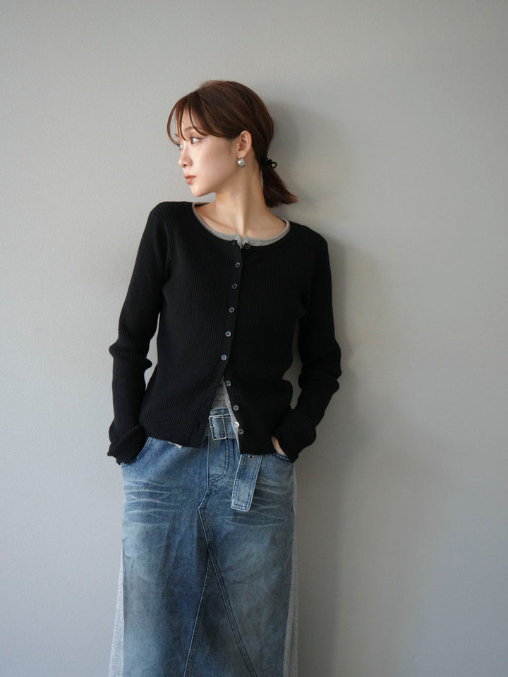 [予約]レイヤード配色ニットカーディガン/ブラック