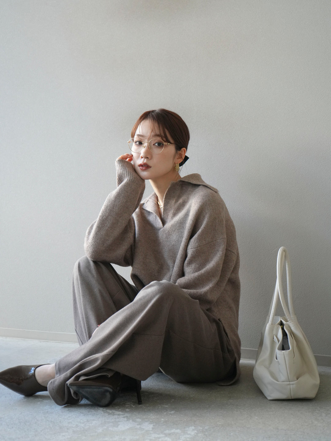 [予約]スキッパーオーバーニットプルオーバー/greige