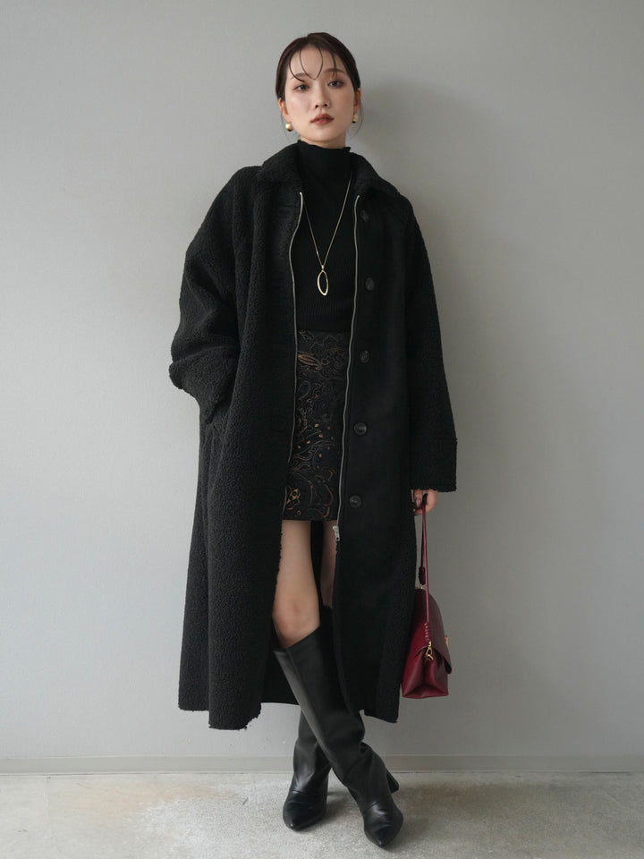 [予約]ボアxムートンロングコート/black