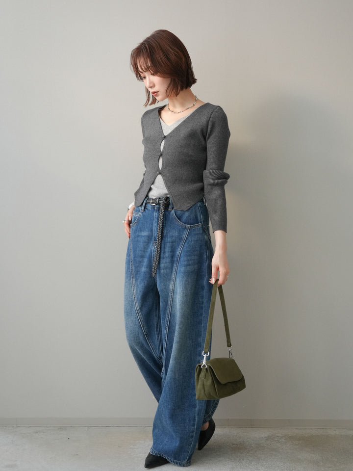 [SET]Vネック配色レイヤードスリットニットトップス+裏起毛加工デニムカーブパンツ(2set)