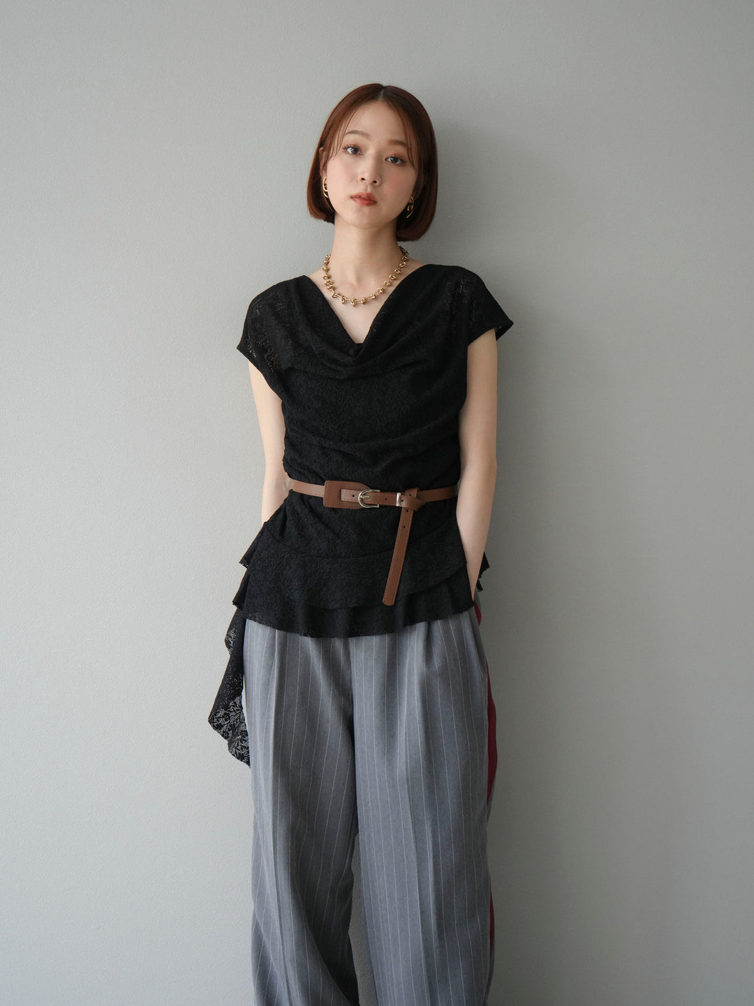 [予約]サイドラインストライプワイドパンツ/グレー