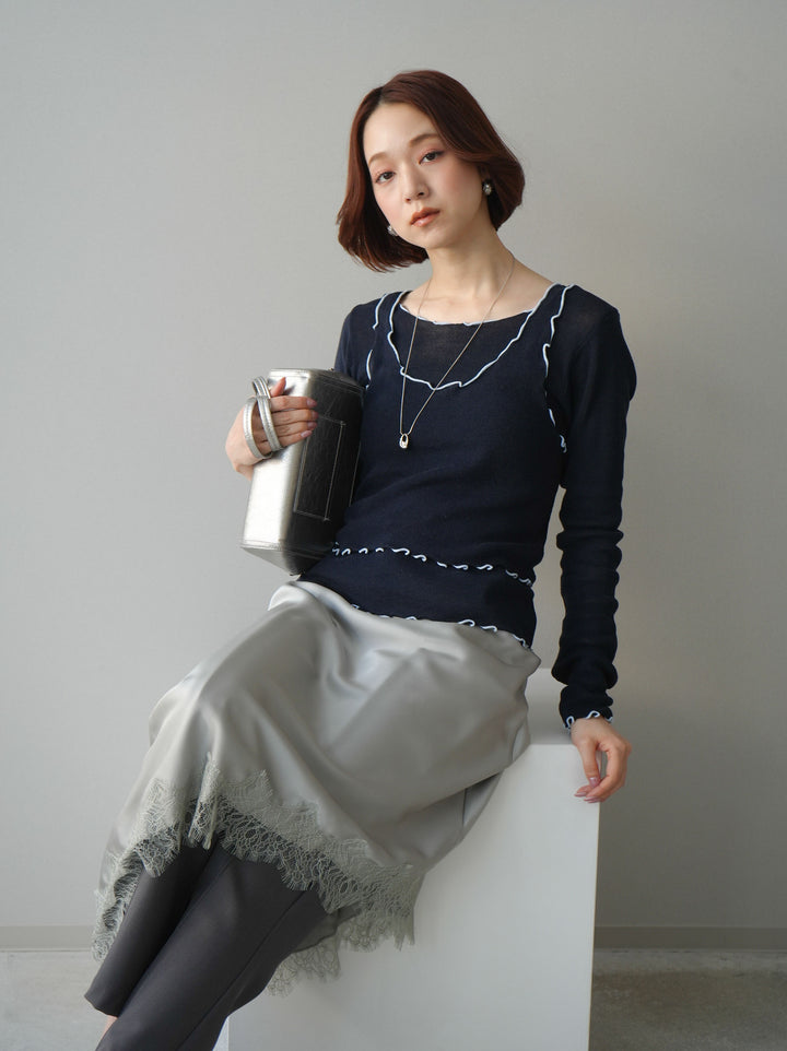 [SET]バイカラーメローアンサンブルシアーニットトップス+センターシームフレアパンツ+サテンライクアシメレーススカート(3set)