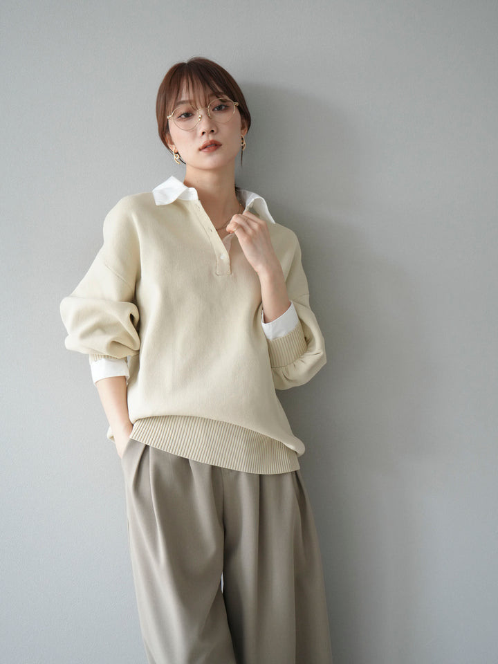 【SET】翻領polo針織套衫+雙褶闊腿褲（2件組）