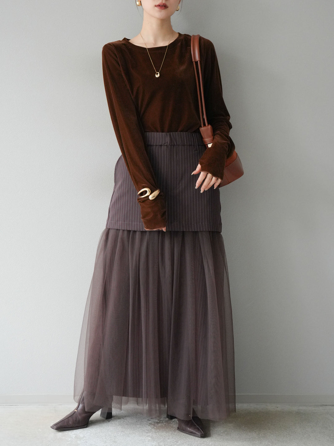 [予約]ストライプ切替チュールスカート/ブラウン