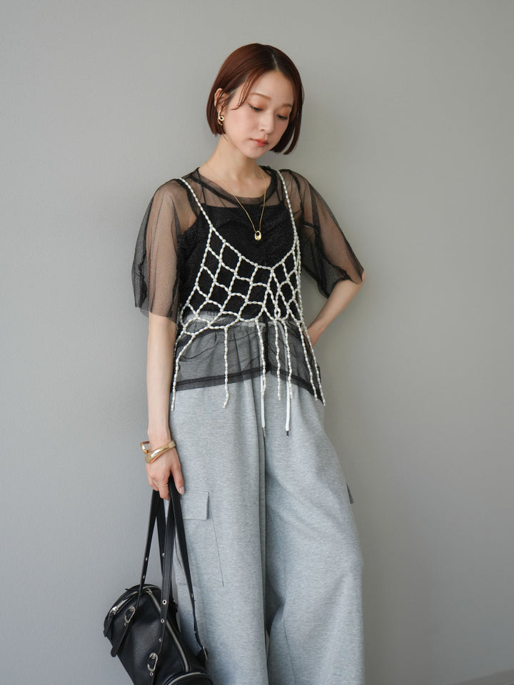 [SET]ラメチュールシャーリングプルオーバー+パールフリンジビスチェ(2set)