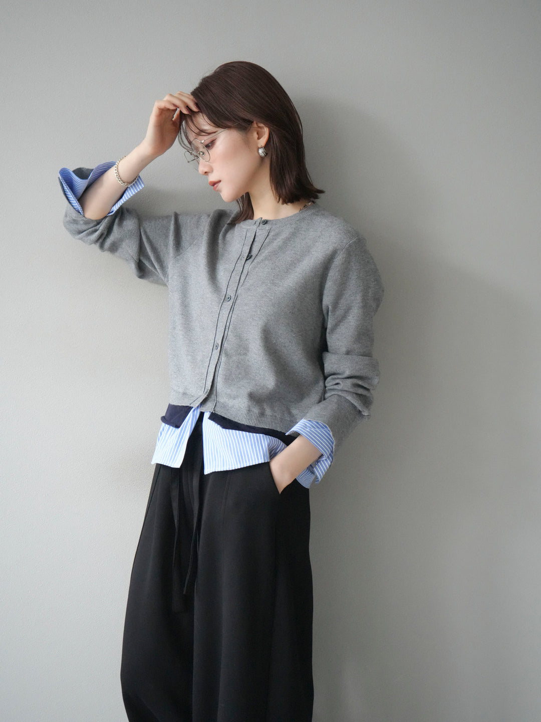 [SET]シャツ襟レイヤードニットカーディガン+ベルト付スウェットワイドパンツ(2set)