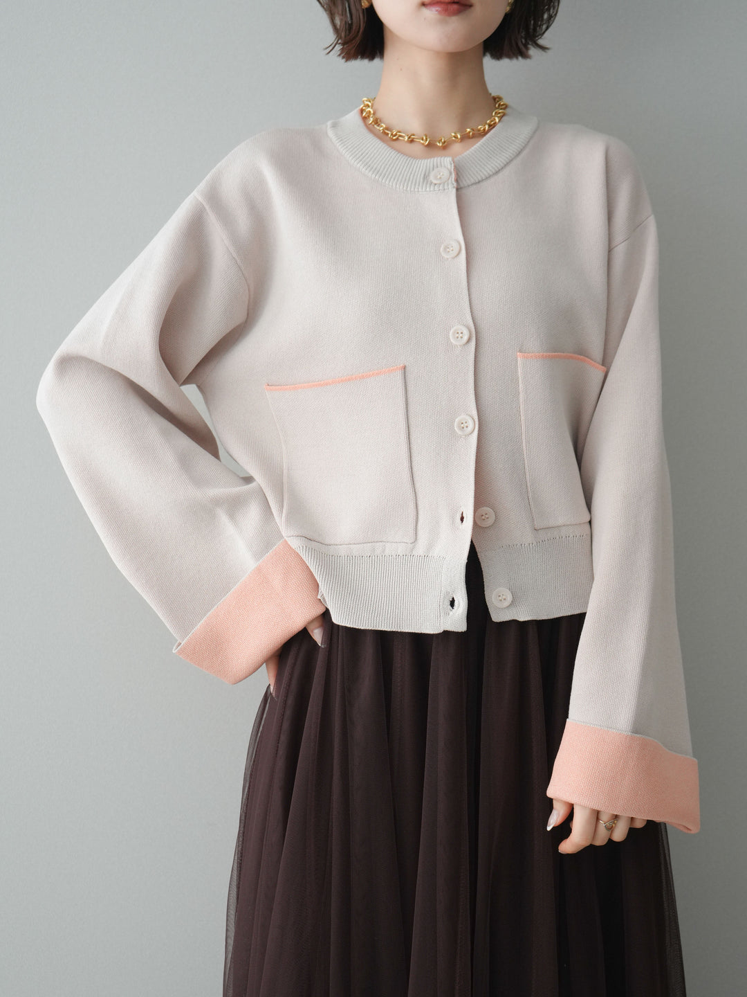 [予約]レーヨンポリダブルフェイスニットカーディガン/beige