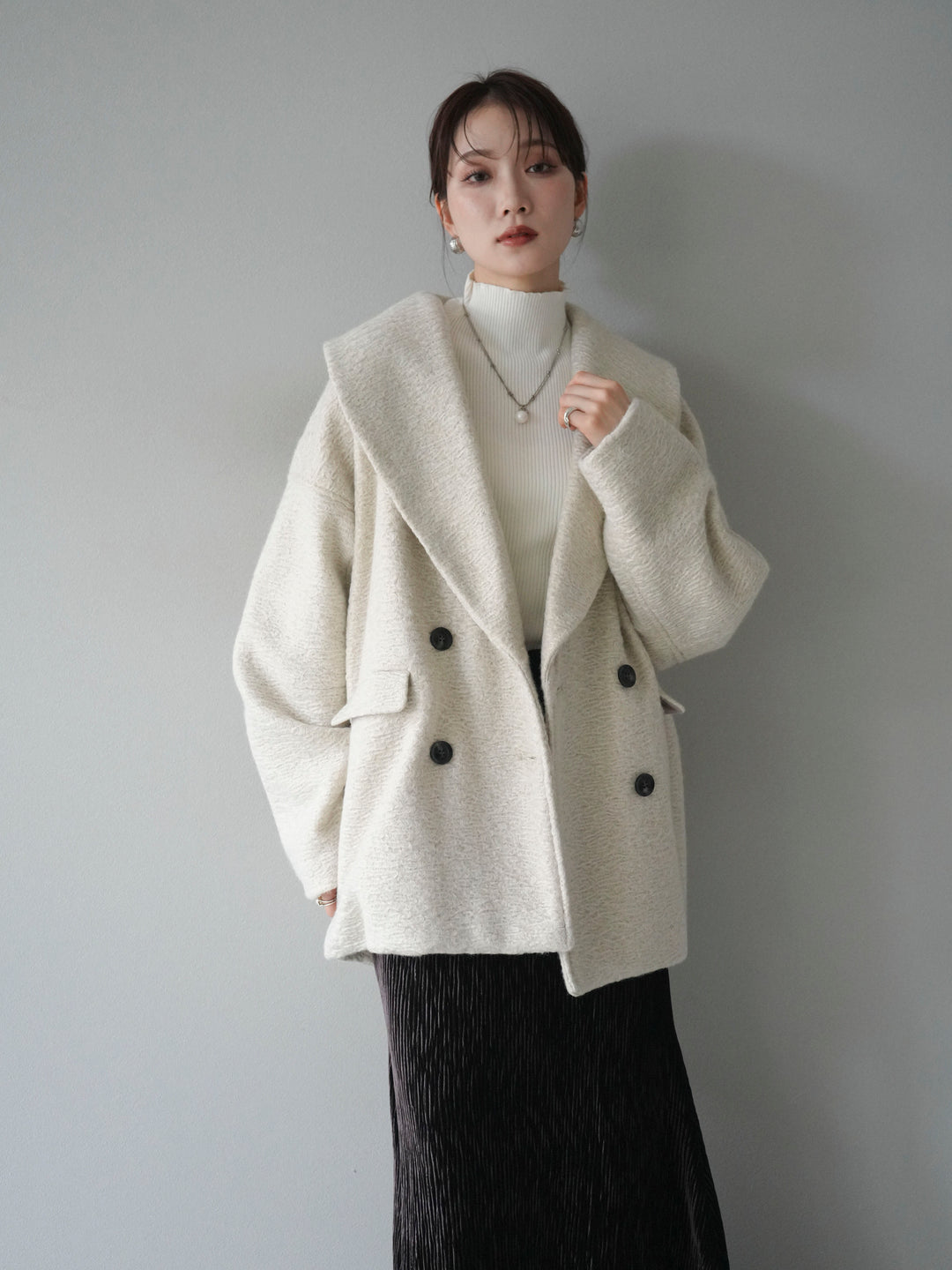 [予約]ロービング襟付きミドルコクーンコート/ivory