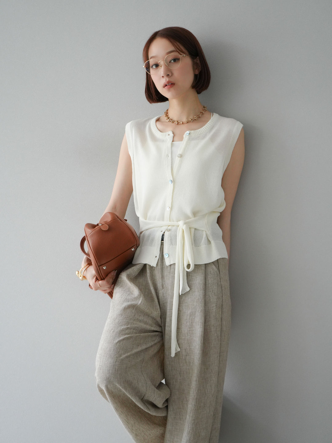 [予約]ウエストベルトニットベスト/アイボリー