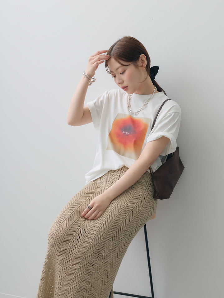 [SET]ニュアンスフローラルフォトTEE+クロシェシアーセミフレアスカート(2set)