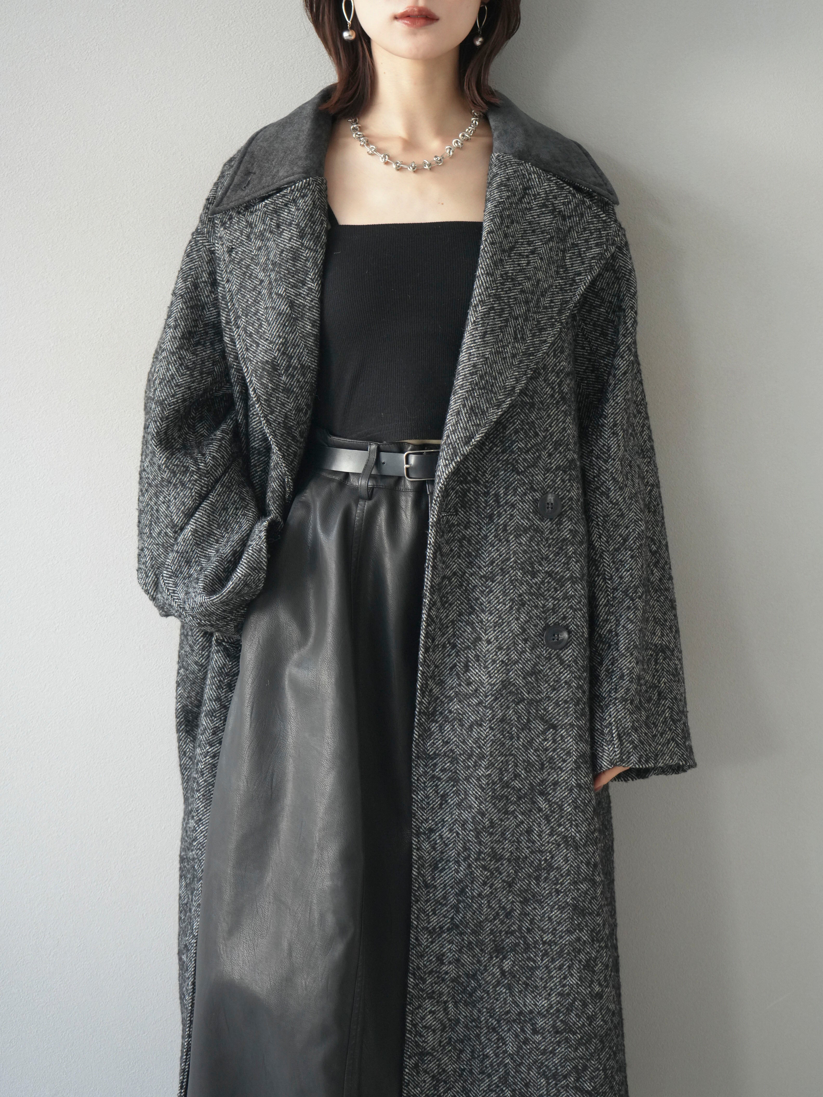 予約]ネップヘリンボーンレザー襟チェスターコート/charcoal – Lumier