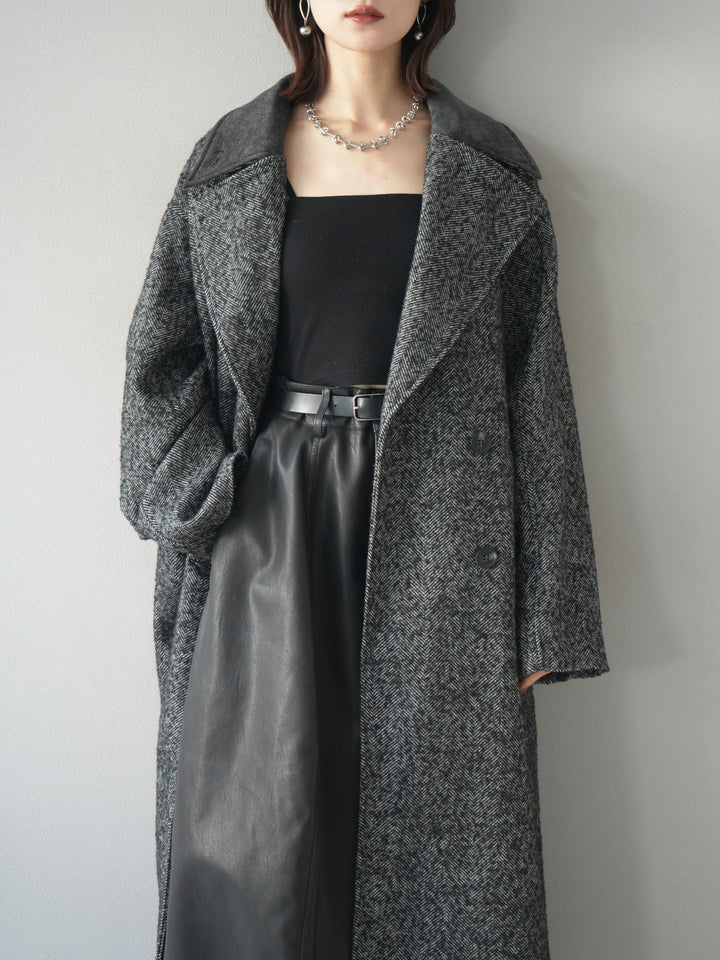 [予約]ネップヘリンボーンレザー襟チェスターコート/charcoal