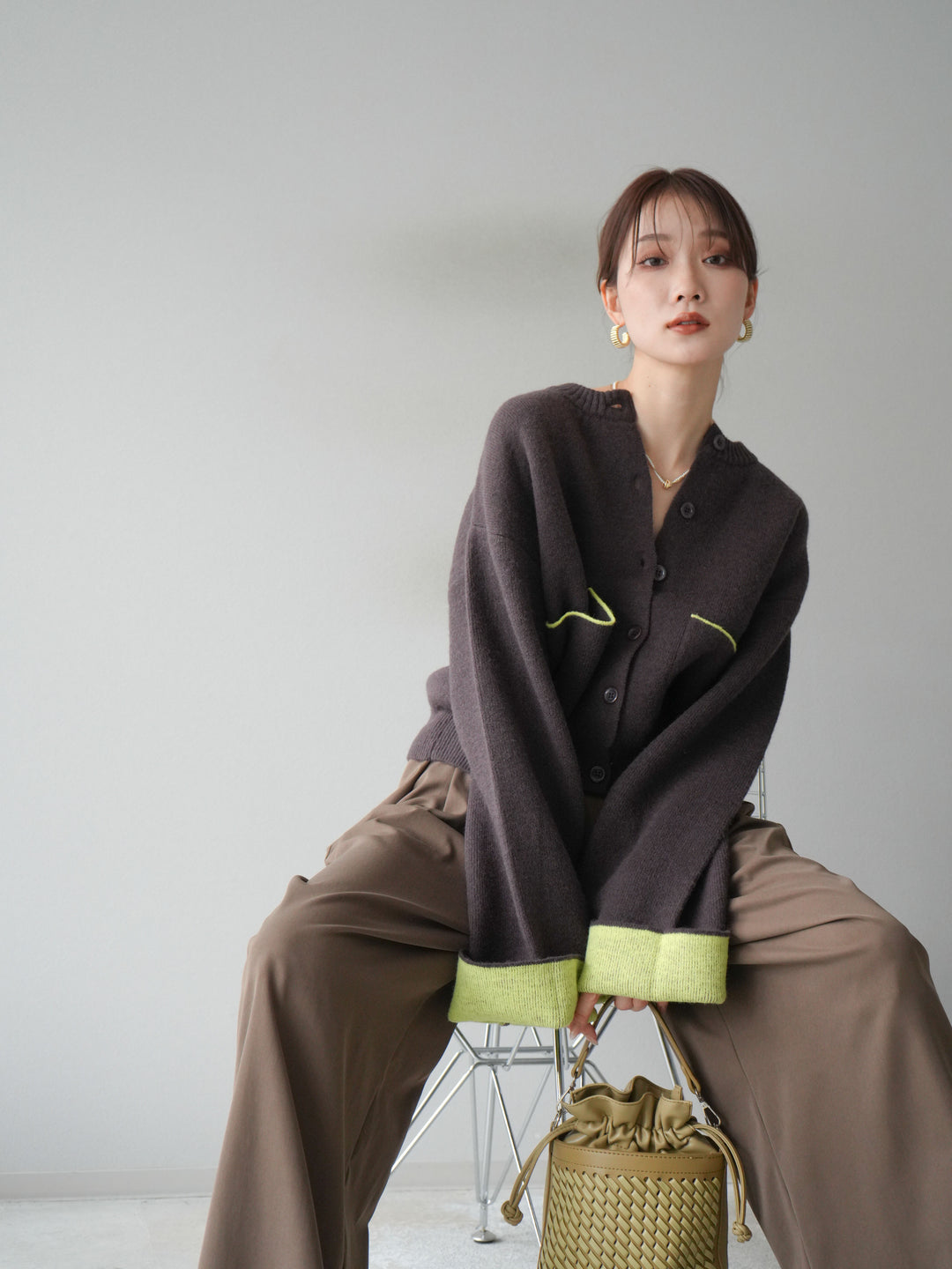 【SET】雙色針織開襟衫+褶襉設計寬褲（2套）