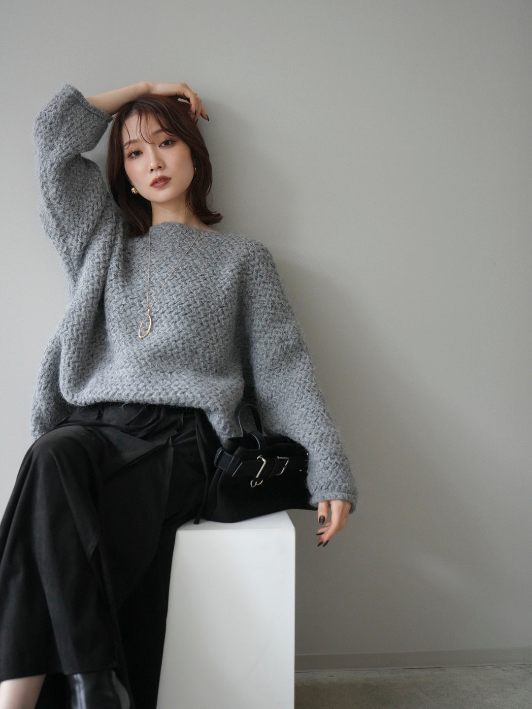 [予約]ワッフル編みオーバーニットプルオーバー/gray