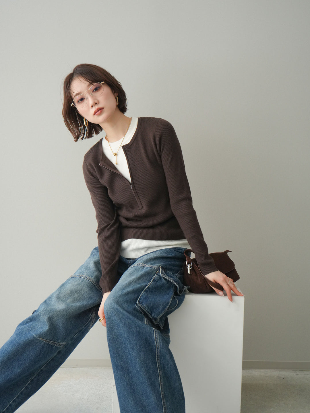 [予約]フロントジップ配色レイヤードニットトップス/choco