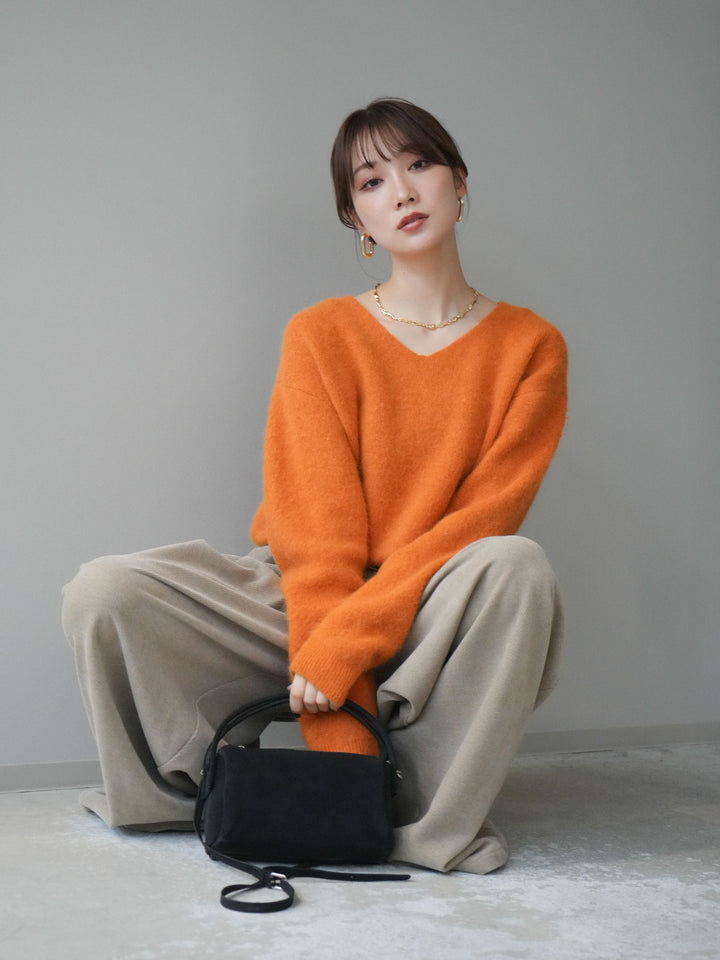 [予約]シュシュ付きアンゴラタッチVネックニットプルオーバー/orange