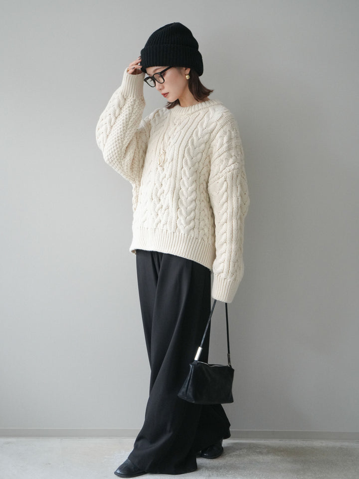 [SET]ボリュームケーブルニットプルオーバー+ベルトループデザインワイドパンツ(2set)