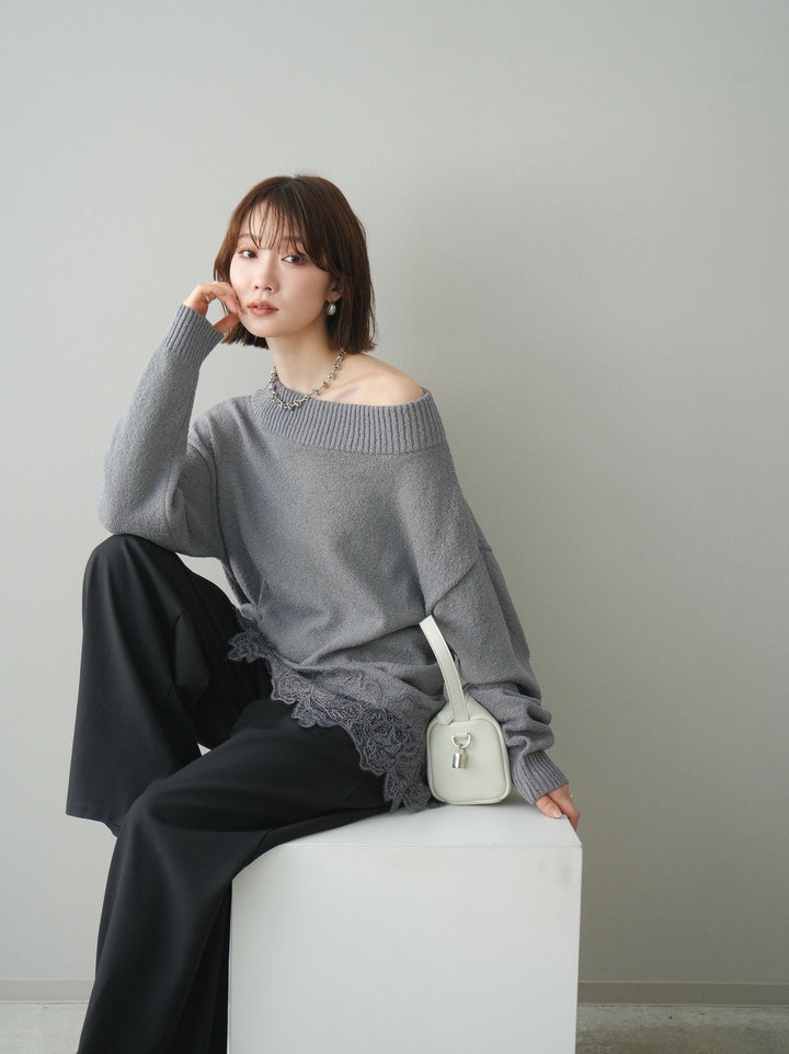 [SET]アシンメトリーレースヘムニットプルオーバー+アシンメトリーレースヘムニットプルオーバー(2set)