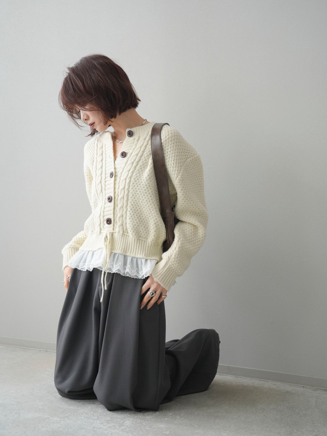 [予約]裾レースケーブルニットカーディガン/ivory