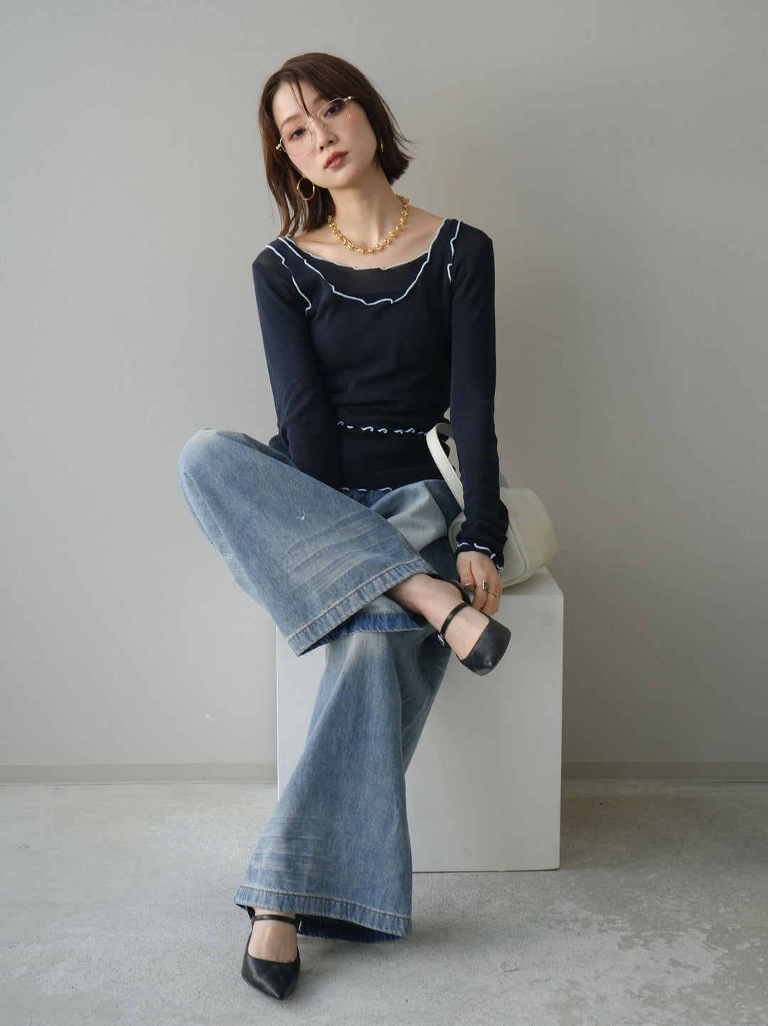 [SET]バイカラーメローアンサンブルシアーニットトップス+フロントポケットサイドタックワイドデニム(2set)