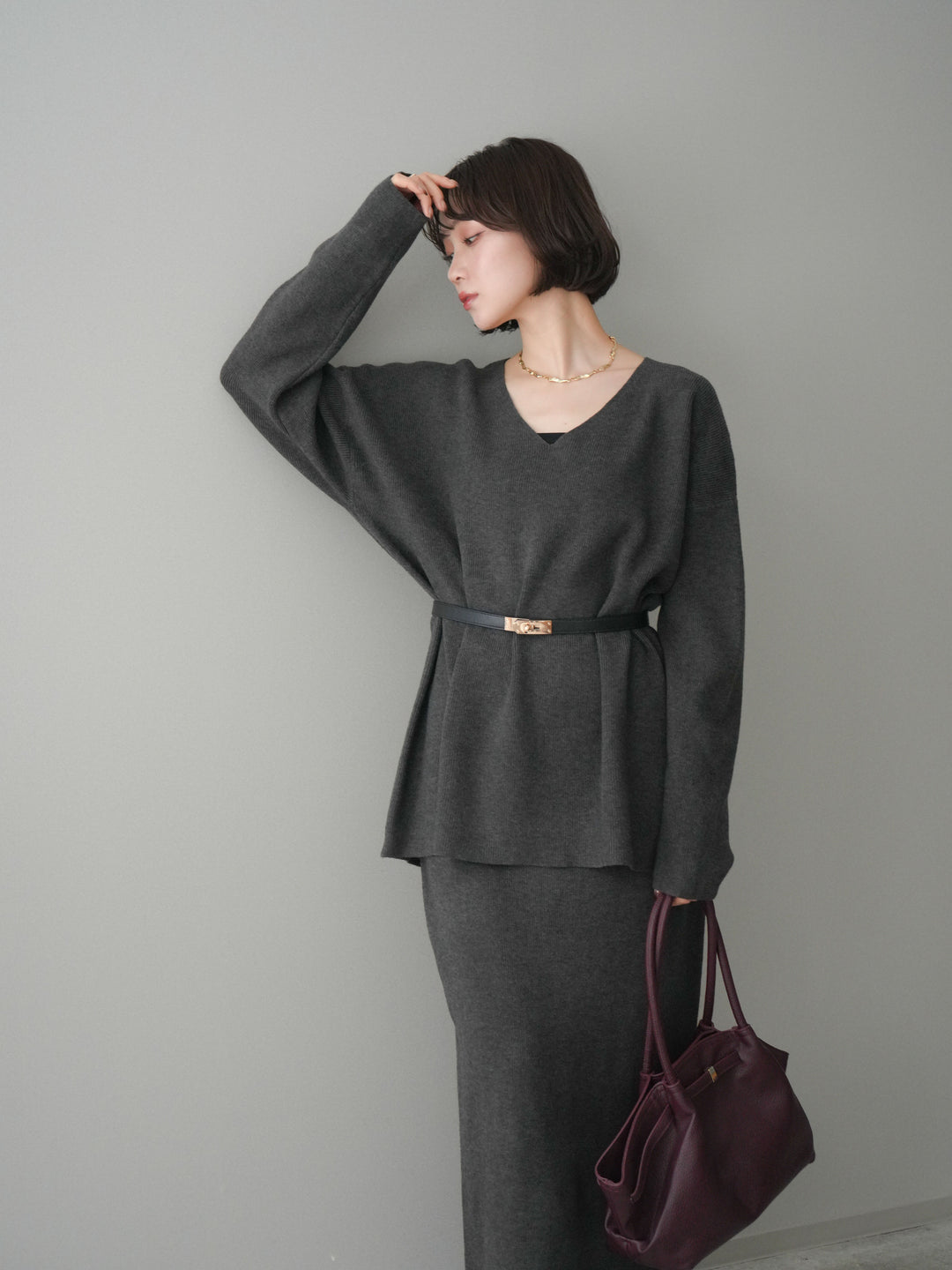 [SET]ベルト付Vネックニット＆スカートSET UP+選べるアクセセット(2set)