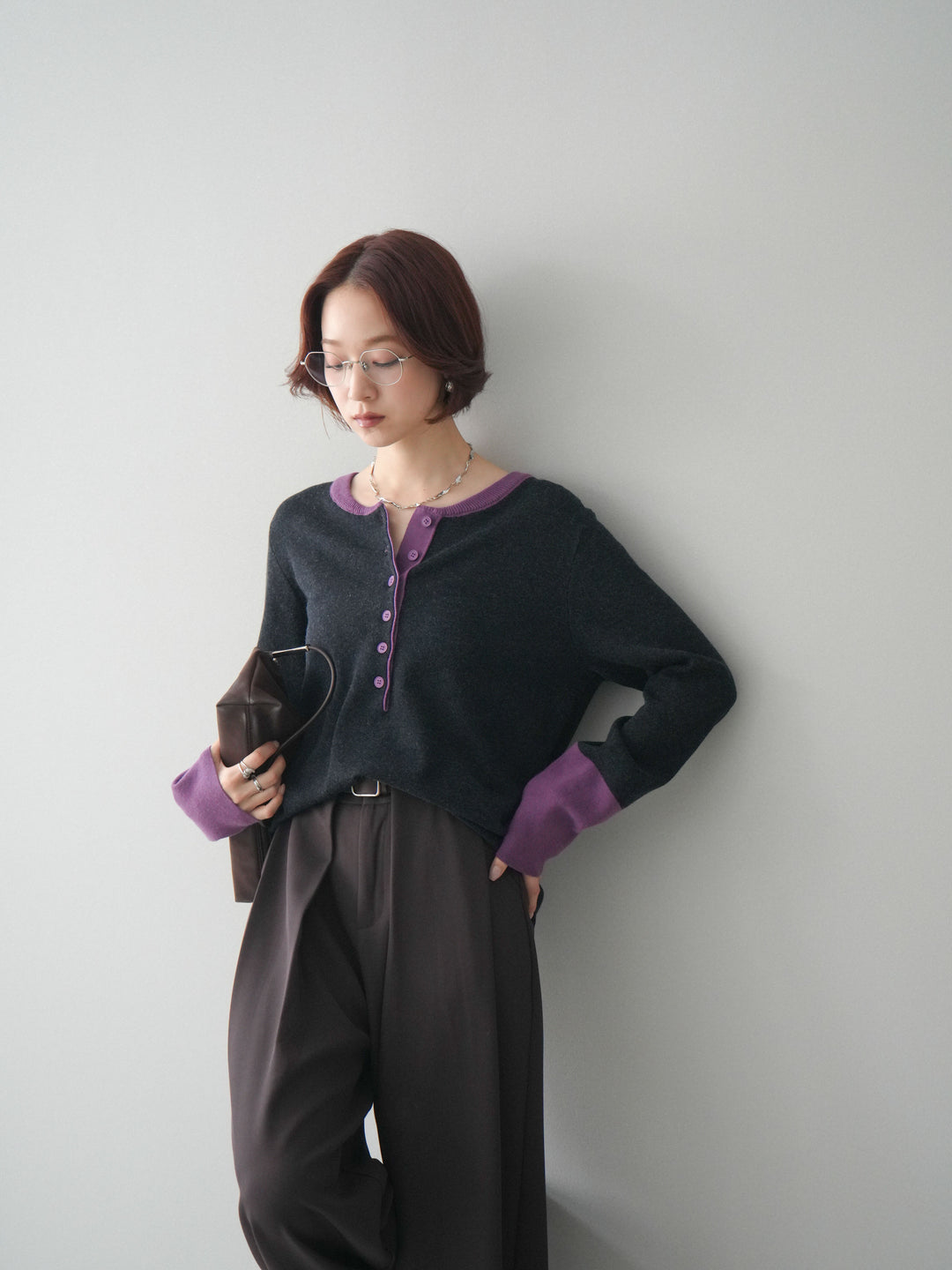 [SET]ヘンリーネック配色ニットソー+ベルトループデザインワイドパンツ(2set)