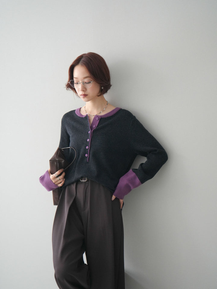 [SET]ヘンリーネック配色ニットソー+ベルトループデザインワイドパンツ(2set)