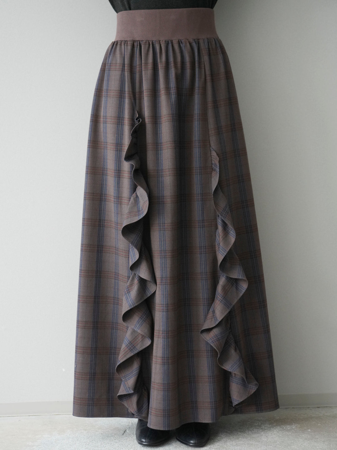 [予約]チェック柄フリルハイウエストマキシスカート/gray
